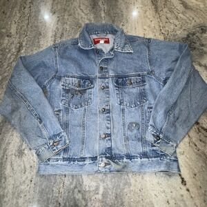 Vintage Wrangler Hero Men's Medium DIY Denim Bomber Jacket Biker READ Jeweled